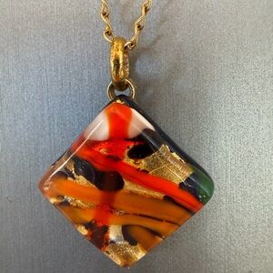 Multicolor Italian Art Glass Pendant with Gold Accents and Chain